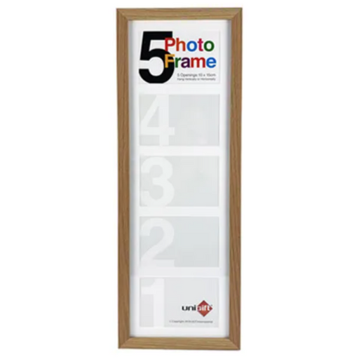 Natural photo frame collage 20x60cm with five 15x10cm photo openings for wall display