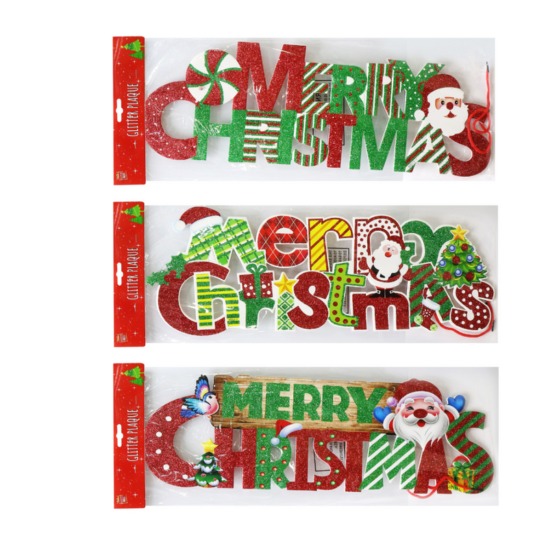 Plaque Merry Christmas Glitter Asstd