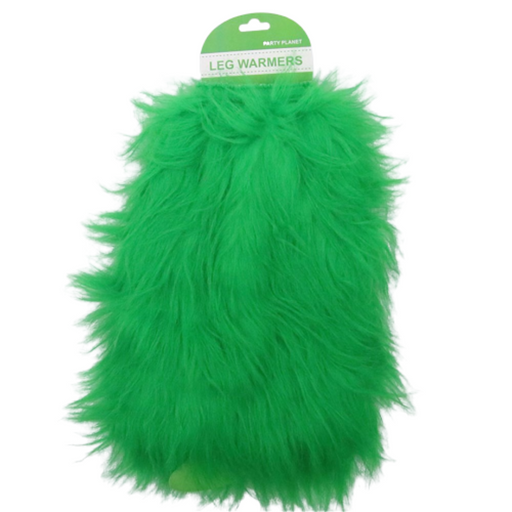 Green plush leg warmers with fluffy texture for 80s costumes, dance outfits, festivals, and themed parties