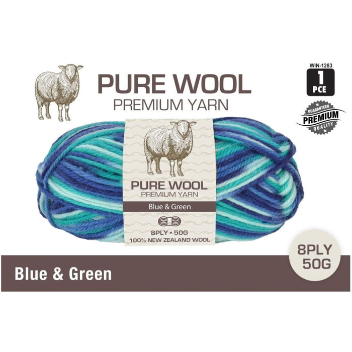 Pure wool 3ply yarn 50g ball in blue and green tones