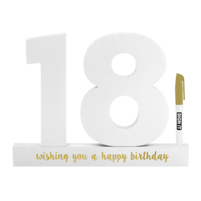 Happy 18th Signature Block 18 White with Gold Text