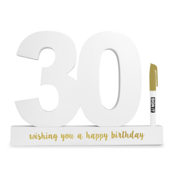 Happy 30th Signature Block 30 White with Gold Text