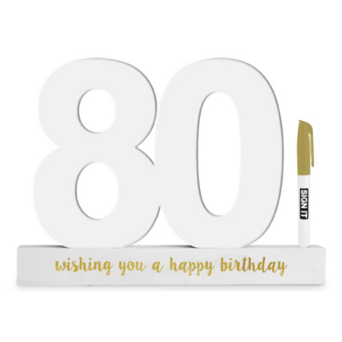 Happy 80th Signature Block 80 White with Gold Text