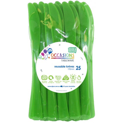 Reusable lime green plastic knives (25 pack) arranged neatly for party tableware and catering.