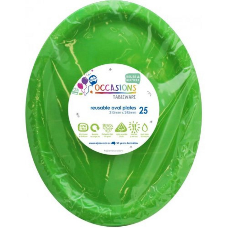 Lime green reusable oval plates 31.5cm (25 pack) stacked for party catering, BBQ, and buffet tableware