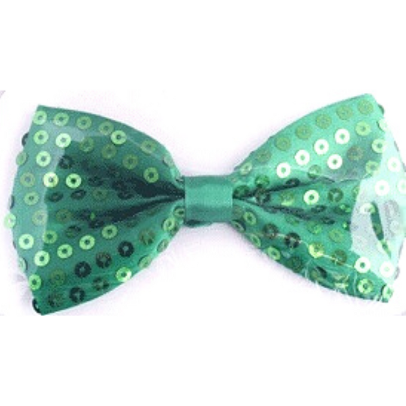 Green sequin bowtie sparkly party costume accessory for St Patrick’s Day, themed events and photo booth outfits