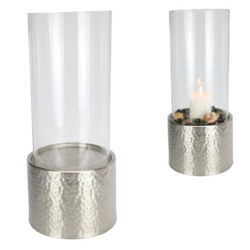 Ronis Silver Hammered Indoor Outdoor Metal and Glass Pillar Candle Decor Stand 47cm