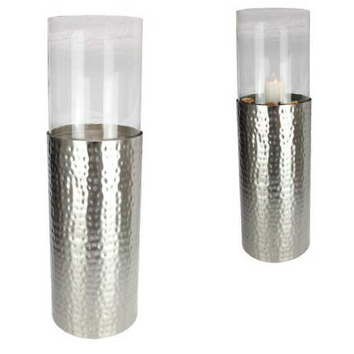 Ronis Silver Hammered Indoor Outdoor Metal and Glass Pillar Candle Décor Stand 80cm
