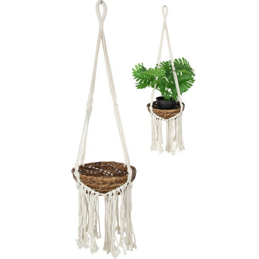 Single Macrame and Rattan Pot Holder with Tassels 85cm