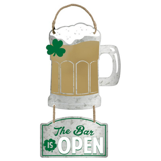 Ronis St. Patricks Day The Bar is OPEN and Beer Mug Hanging Metal Sign