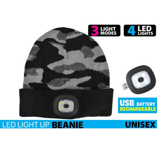 Ronis Unisex Adult Camo Beanie with 4 LED Rechargeable