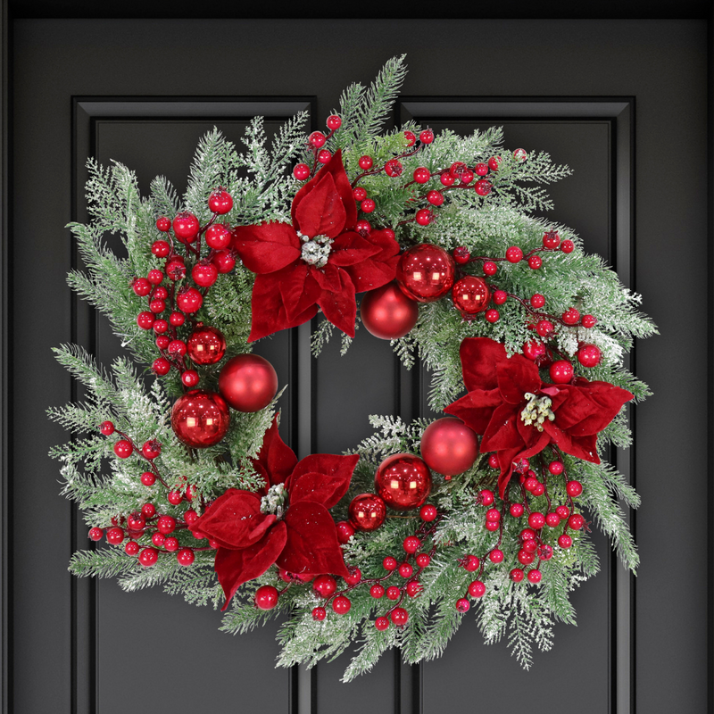 Icy Pine Poinsettia/Bauble Wreath 60cm