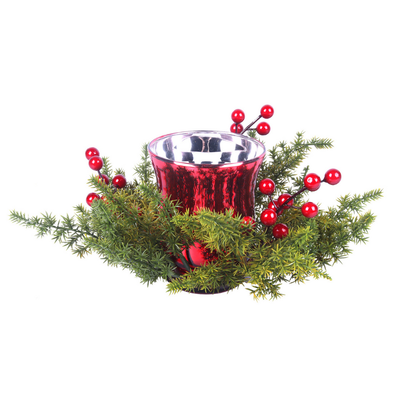 Pine/Berry Candle Wreath with Red Glass Votive Holder 25cm