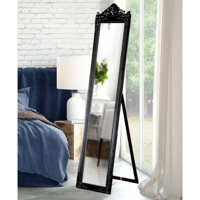 Standing Mirror Evelyn Ornate Mirror Stand Black Gloss 180x44x6cm
