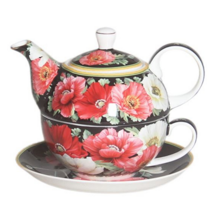 Teacup Set™ New Poppies On Black Tea For One Set