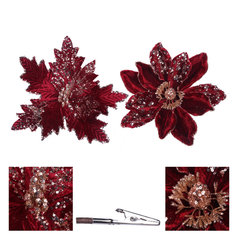 Ronis Velvet Magnolia and Poinsettia with Clip Burgundy Assorted