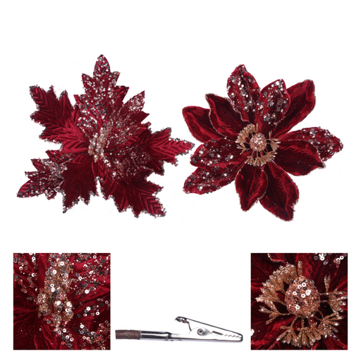 Ronis Velvet Magnolia and Poinsettia with Clip Burgundy Assorted