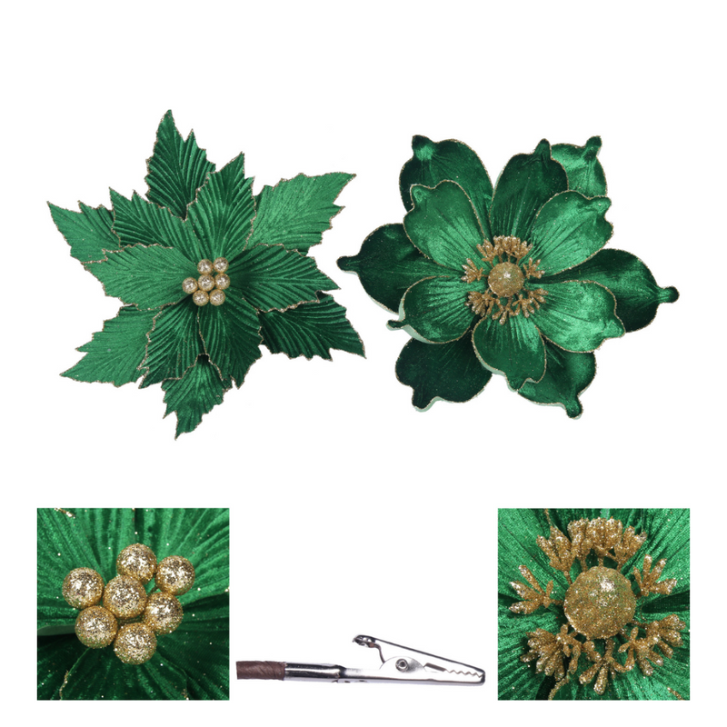 Ronis Velvet Poinsettia and Magnolia with Clip Emerald Assorted