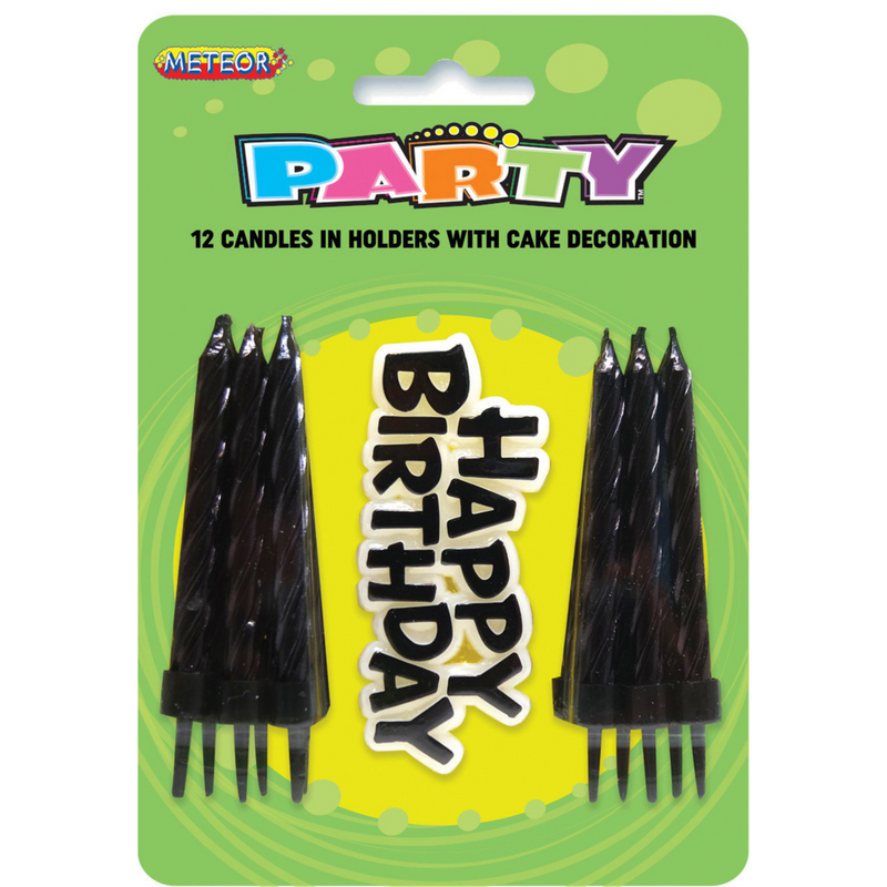 12 Candles In Holders With Cake Decoration - Black