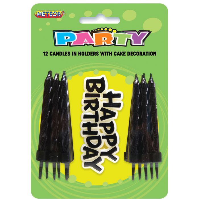 12 Candles In Holders With Cake Decoration - Black