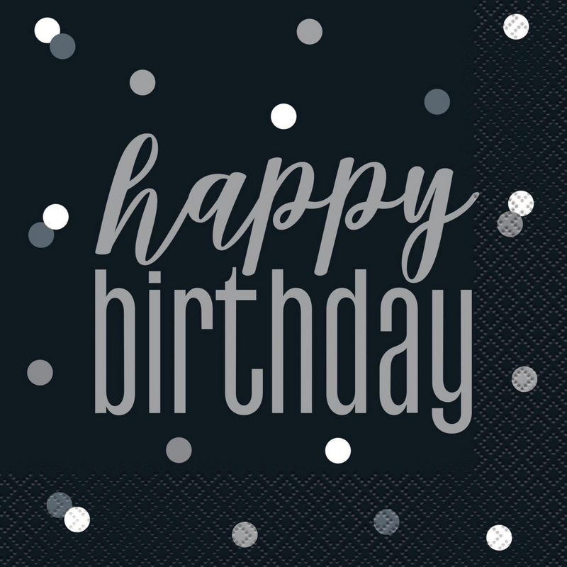 Black And Silver Happy Birthday 16 Luncheon Napkins 2ply 33cm x 33cm