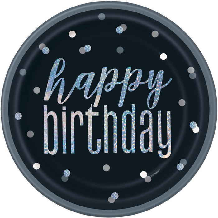 Black And Silver Happy Birthday Prismatic Paper Plates