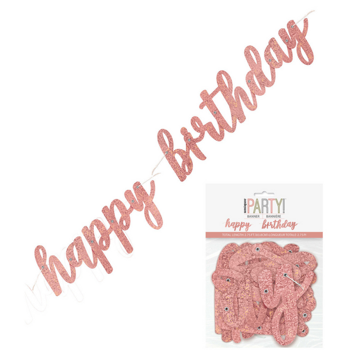 Happy Birthday Prismatic Rose Gold Foil Script Jointed Banner 2.75ft