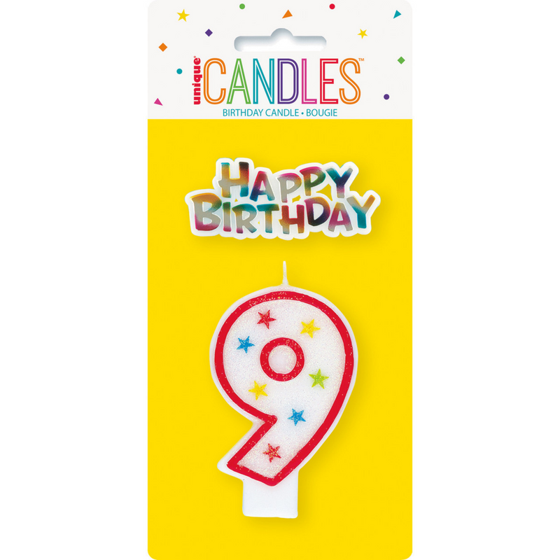 Numeral Candle With Happy Birthday Cake Topper - 9