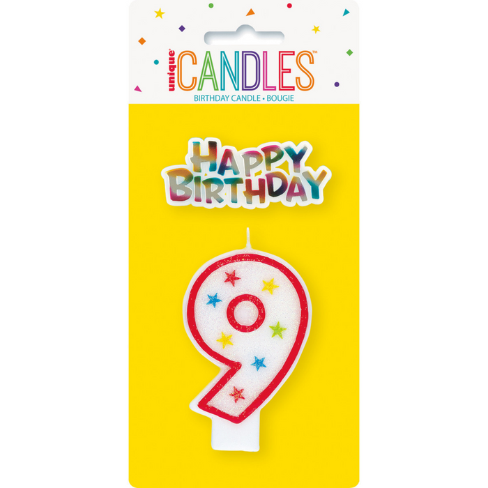 Numeral Candle With Happy Birthday Cake Topper - 9