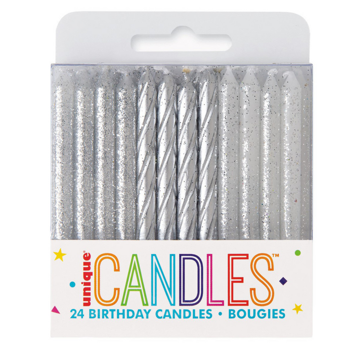 24 Silver & Silver Glitter Assorted Spiral Candles