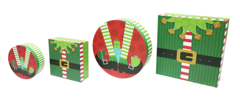 GIFT BOX SET 4 SANTA/Elf Rnd+Sq Asst