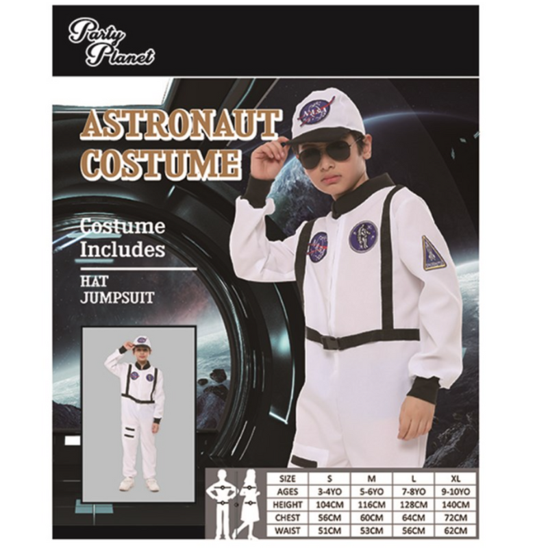 A child model wearing a white astronaut costume with black accents, including a hat and jumpsuit