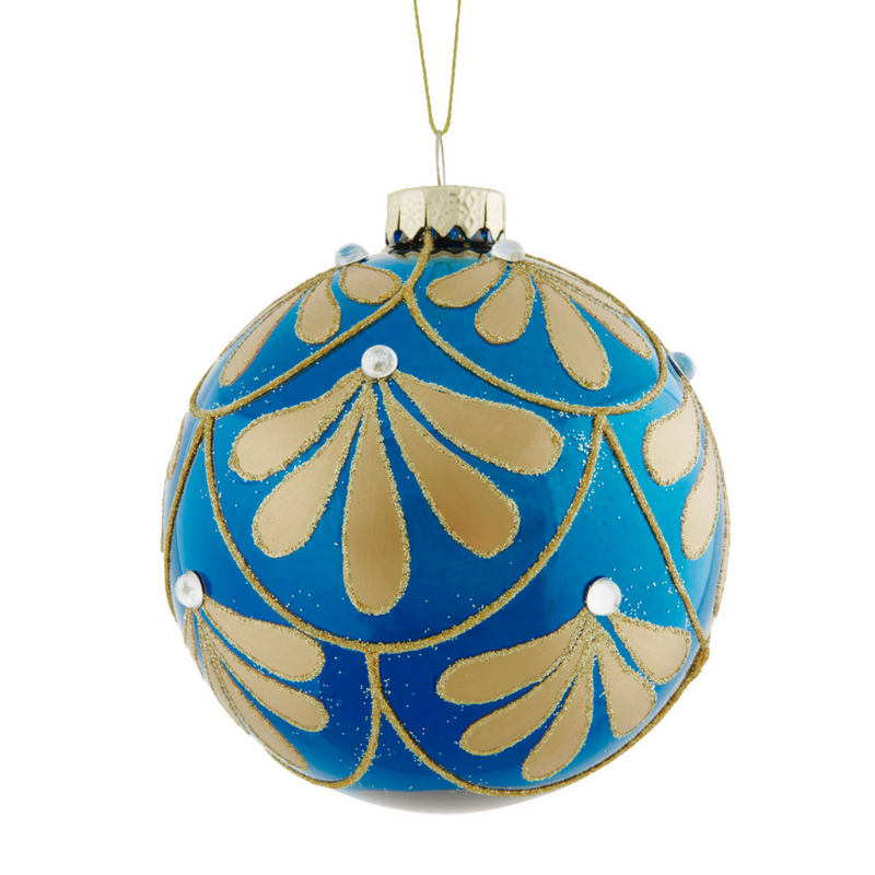 Blue Gold Gloss Glass Bauble 10cm