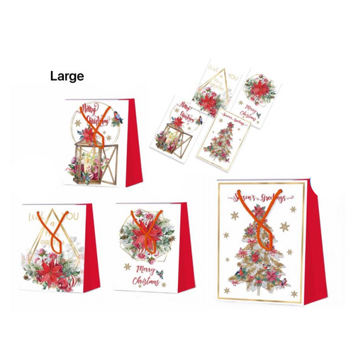 RONIS CHRISTMAS GIFT BAG FOILED POINSETTIA AND PINE LARGE 4 ASSTD