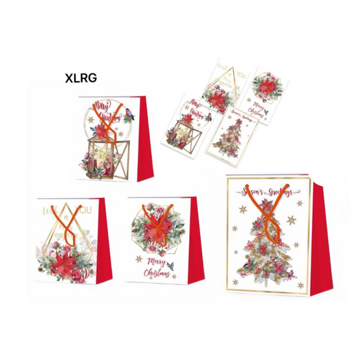 RONIS CHRISTMAS GIFT BAG FOILED POINSETTIA AND PINE XL 4 ASSTD