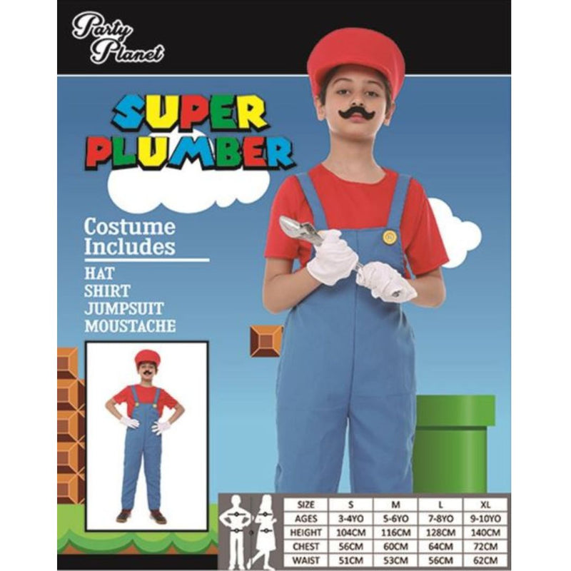 A child model wearing a red plumber costume with a hat, shirt, and mustache, holding a wrench, from the Book Week Collection.