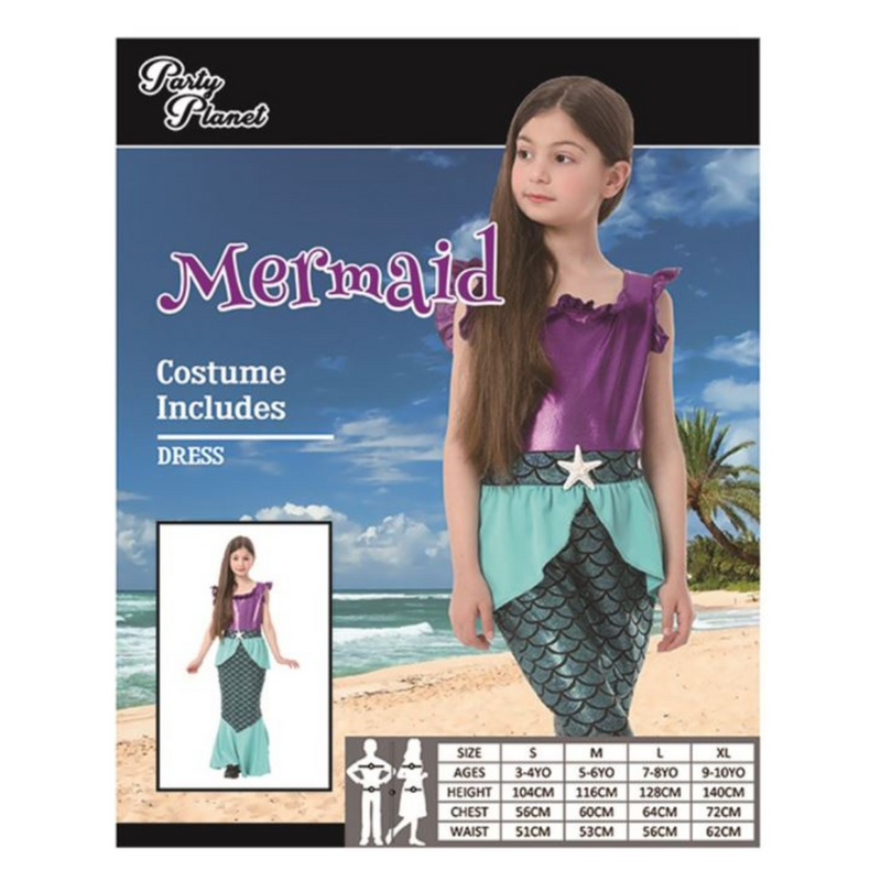 Girls Mermaid Costume in shimmering blue and purple tones, Large size for 7–8-year-old kids.