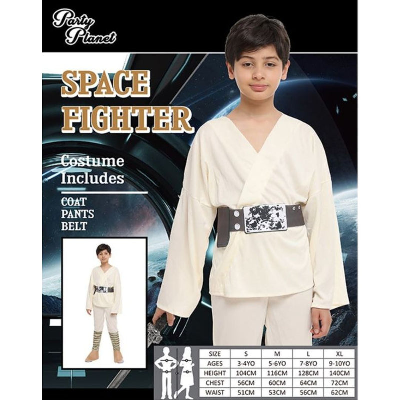A child in a white space warrior costume with a belt featuring a space-themed design, labeled as 'SPACE FIGHTER' from Party Planet.