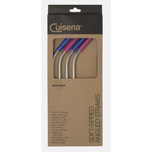 Cuisena Stainless Steel Straws with Silicone and Brush Angled Set