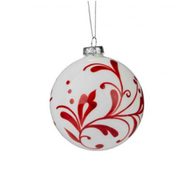 Glass Christmas Bauble with Red Leaf Pattern 10cmD