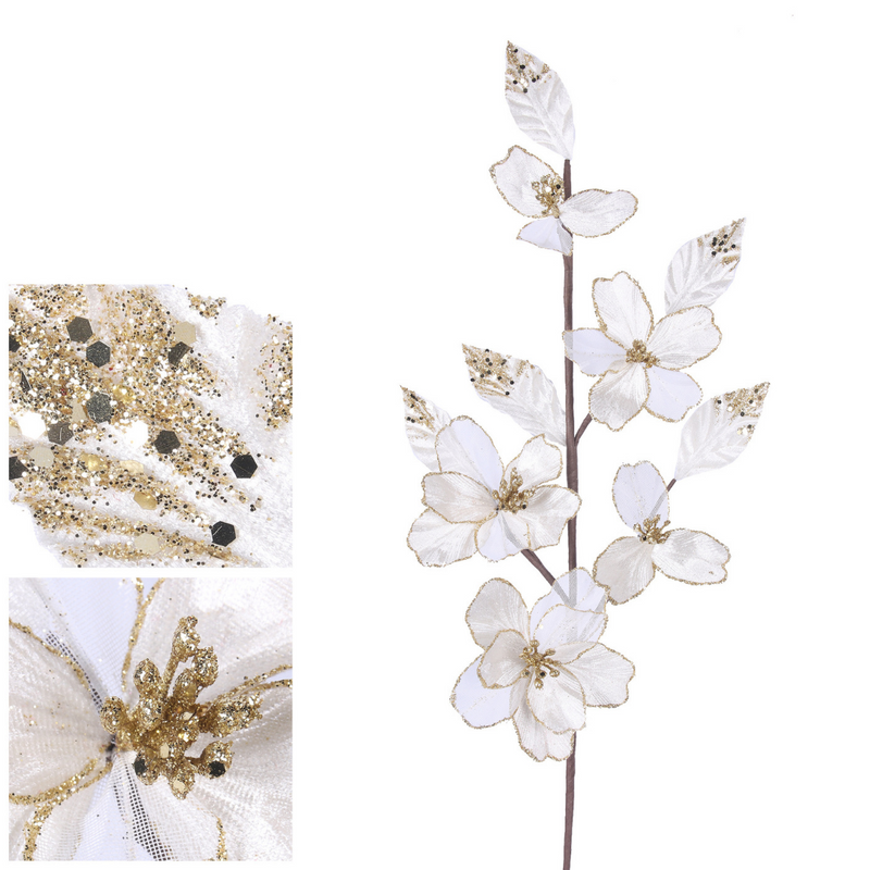 Ivory and Champagne Glitter Blossom Stem 60cm