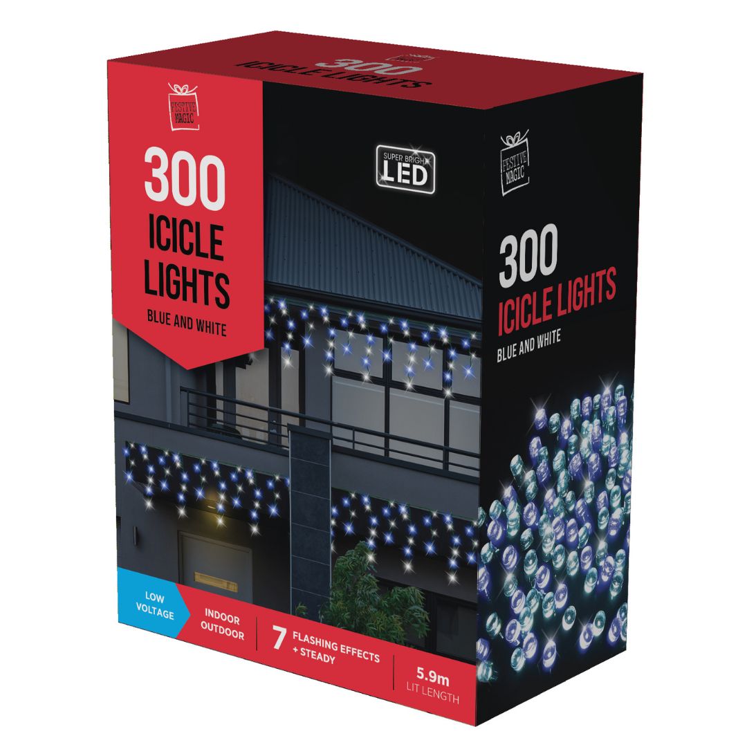 LED ICICLES FLASHING WHT/BLUE 300pc