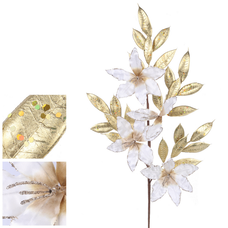 Ronis Magnolia Leaf Stem 80cm Ivory and Gold