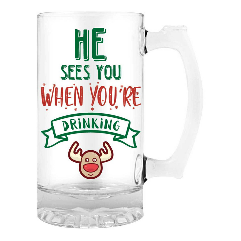 Novelty Christmas Stein He Sees You 18cm