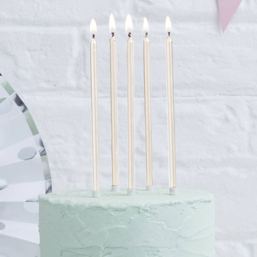 Tall Cake Candles Pearlised White Pack Of 12 - 12Cm